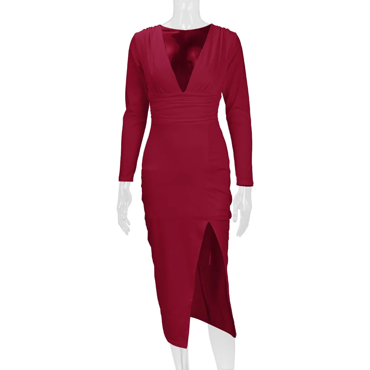 2025 Autumn Winter Female Fashion Slim Fit Long Sleeve V Neck Dress Women's Sexy Slit Knee Length Midi Dress Regular Shoulder