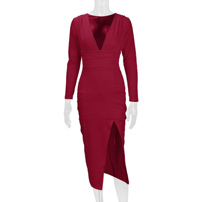 2025 Autumn Winter Female Fashion Slim Fit Long Sleeve V Neck Dress Women's Sexy Slit Knee Length Midi Dress Regular Shoulder