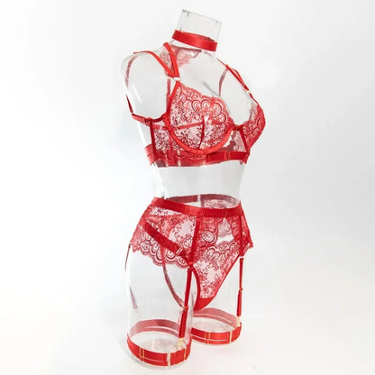 Tornova - Conjunto de ropa interior sexy con bordado de 5 piezas para mujer, de malla con retazos, transparente, con cuello halter y ligas, lencería sexy