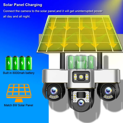 Cámara solar 4G con 3 PTZ, rotación automática, seguridad inteligente para exteriores, protección del hogar, detección humana PIR, seguimiento automático, cámaras de videovigilancia IP.