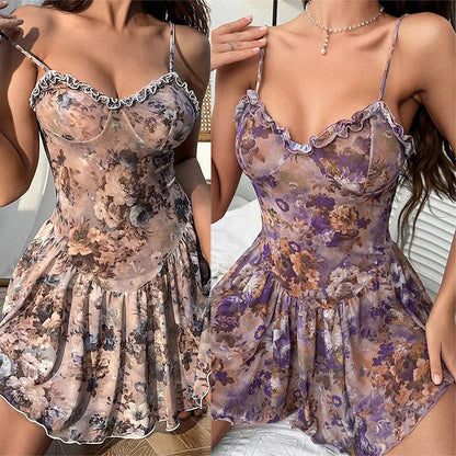 Vestido Camisola Ajustada Falda Floral Pijama Escote en V Profundo Lencería Sexy Fetiche Vestido Sexy Látex Trajes Sexys Vestidos Cortos Chica Sexy Xxx