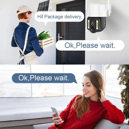 Cámara solar WiFi V380 Pro con zoom 10X, doble lente, resistente al agua, para exteriores, con protección IP, detección humana PIR y sistema de videovigilancia.