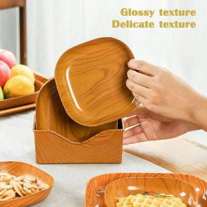 Juego de 5 platos cuadrados de plástico con veta de madera para cocina, estilo japonés, sencillos, para vajilla de cocina, cuencos y platos.