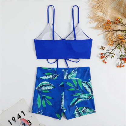 Bikini con cordón y estampado tropical para mujer, traje de baño de cintura alta con lazo frontal, pantalones cortos, traje de baño sexy para mujer, ropa de playa de verano