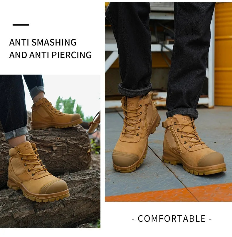 Botas de seguridad de lujo de caña alta en piel de vacuno para hombre, con puntera de acero, protección antiimpactos y antipinchazos, resistentes al desgaste.