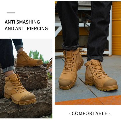 Botas de seguridad de lujo de caña alta en piel de vacuno para hombre, con puntera de acero, protección antiimpactos y antipinchazos, resistentes al desgaste.