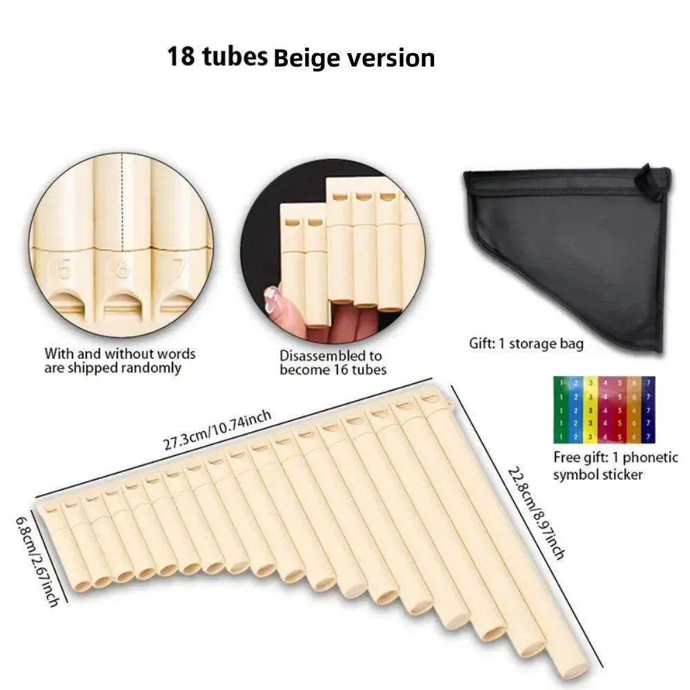 Flauta de pan de 18 tubos, flauta de pan de 18 tubos, desmontable a 16 tubos, material ABS, fácil de tocar, para interpretación, enseñanza y práctica.