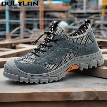 Zapatos de seguridad de piel de vaca, transpirables, para hombre, con puntera de acero, resistentes a impactos, botas de trabajo, indestructibles, zapatillas de trabajo modernas.