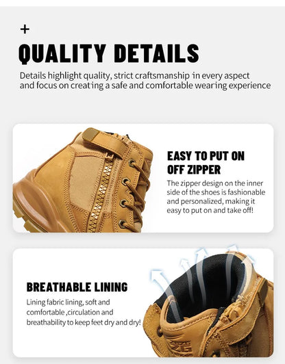 Botas de seguridad de lujo de caña alta en piel de vacuno para hombre, con puntera de acero, protección antiimpactos y antipinchazos, resistentes al desgaste.