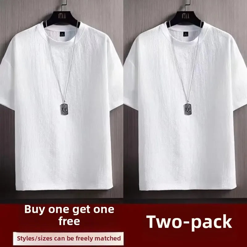 Camiseta de manga corta de lino suelto y seda helada para hombre, estilo nuevo de verano, camisa blanca de media manga, ropa interior térmica