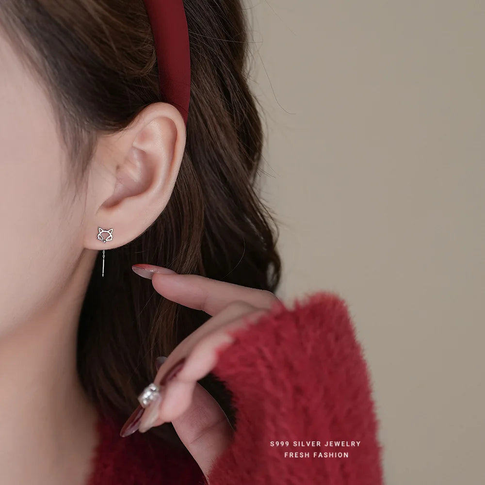 Pendientes colgantes sencillos de plata pura S999 con forma de animal Mori Girls, con borlas de zorro, bonitos y largos, joyería fina