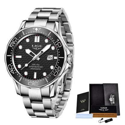 LIGE - Reloj de buceo de lujo para hombre, marca superior, resistente al agua hasta 3 ATM, con fecha, deportivo, de cuarzo, Masculino