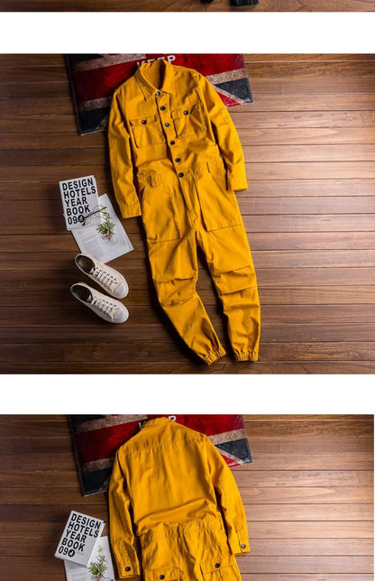 Spring Overalls Men's Jumpsuit Loose Long Sleeve Cotton Cargo Pants Black Yellow Workwear Trousers Working Uniform Rompers