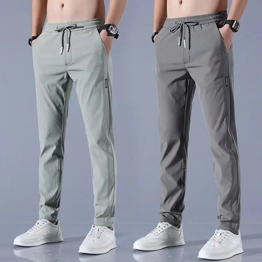 Pantalones deportivos largos de seda de hielo para hombre, de verano, nuevos, finos, informales, de negocios, elásticos, transpirables, de pierna recta, de talla grande