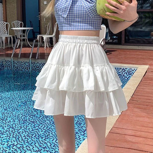 Falda plisada de corte A para mujer, blanca, con volantes, estilo dulce y escalonado, cintura elástica, estilo Harajuku coreano básico y ajustado para verano