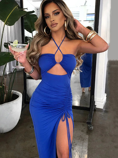 Vestido midi ajustado sin mangas, sexy, con espalda descubierta y escote en V para mujer, para fiesta y club nocturno