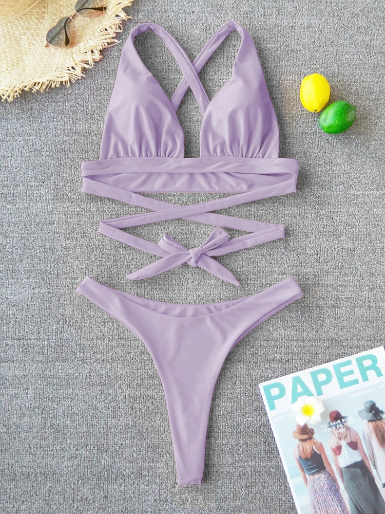 Bikini sexy 2025, traje de baño liso para mujer, traje de baño para mujer, conjunto de bikini push up con vendaje cruzado, traje de baño para playa, traje de baño