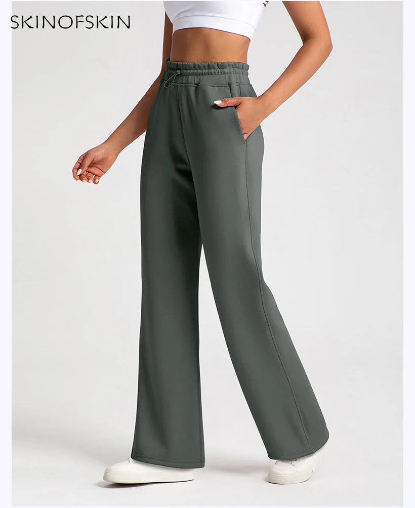 Pantalones de yoga de modal lavados con arena de alta calidad para mujer, mallas de capa de aire de cintura alta, pantalones deportivos rectos y holgados para correr y actividades de ocio.