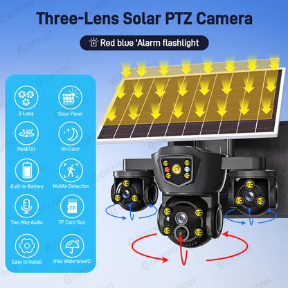 Cámara solar inalámbrica WiFi DIFANG V380 Pro para exteriores con tres pantallas, tarjeta SIM 4G y batería. Sistema de videovigilancia solar con tres lentes y batería.