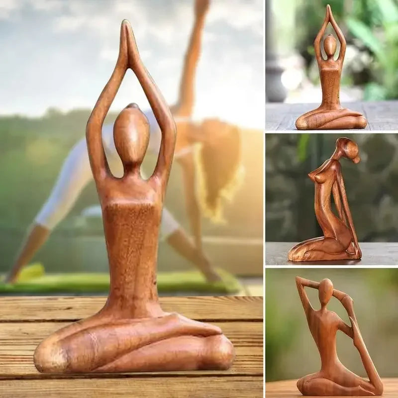 Estatua de meditación de yoga tallada en madera de chica de yoga, hecha a mano, pose de yoga, decoración del hogar