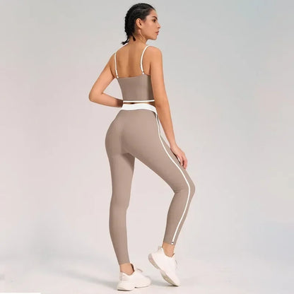 Traje de yoga deportivo para mujer, conjunto de entrenamiento de fitness, color melocotón, con espalda integrada, top de yoga, chaleco de cintura alta, top corto para levantar la cadera, pantalón de yoga para gimnasio