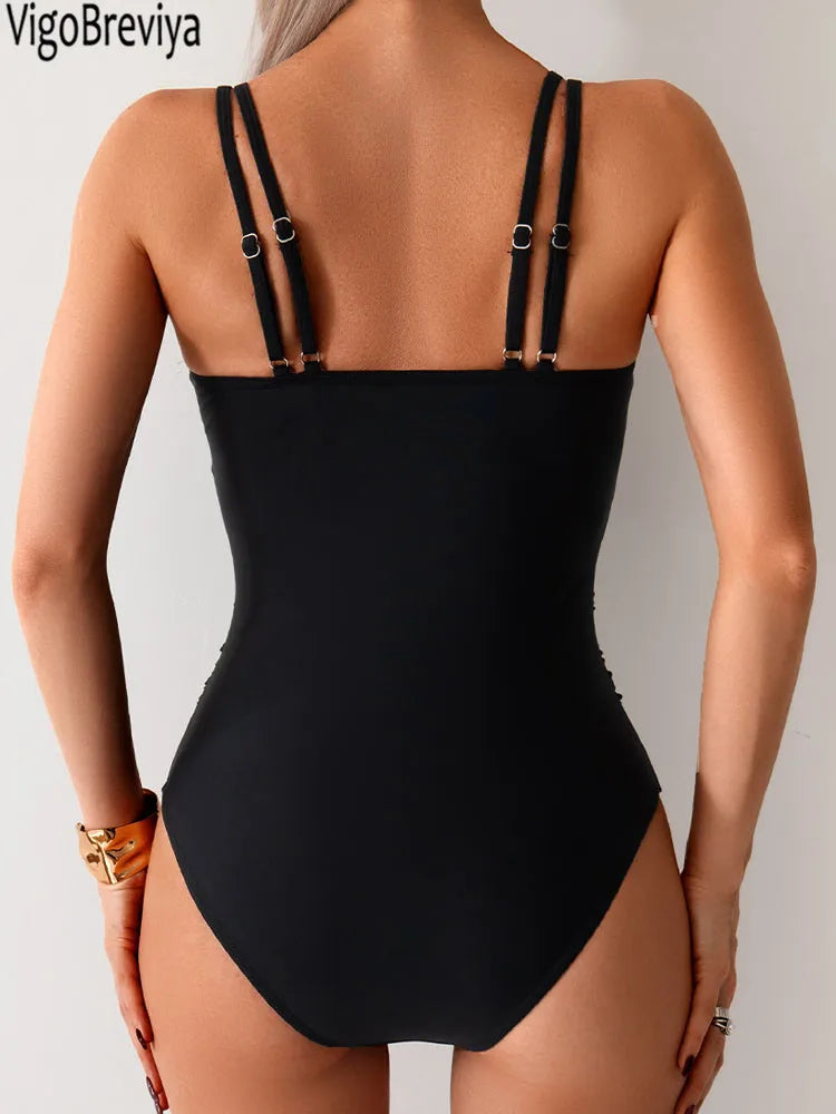 VigoBreviya 2025 Traje de baño de una pieza con tirantes huecos para mujer Traje de baño de malla de retazos Monokini sin espalda Traje de baño para mujer