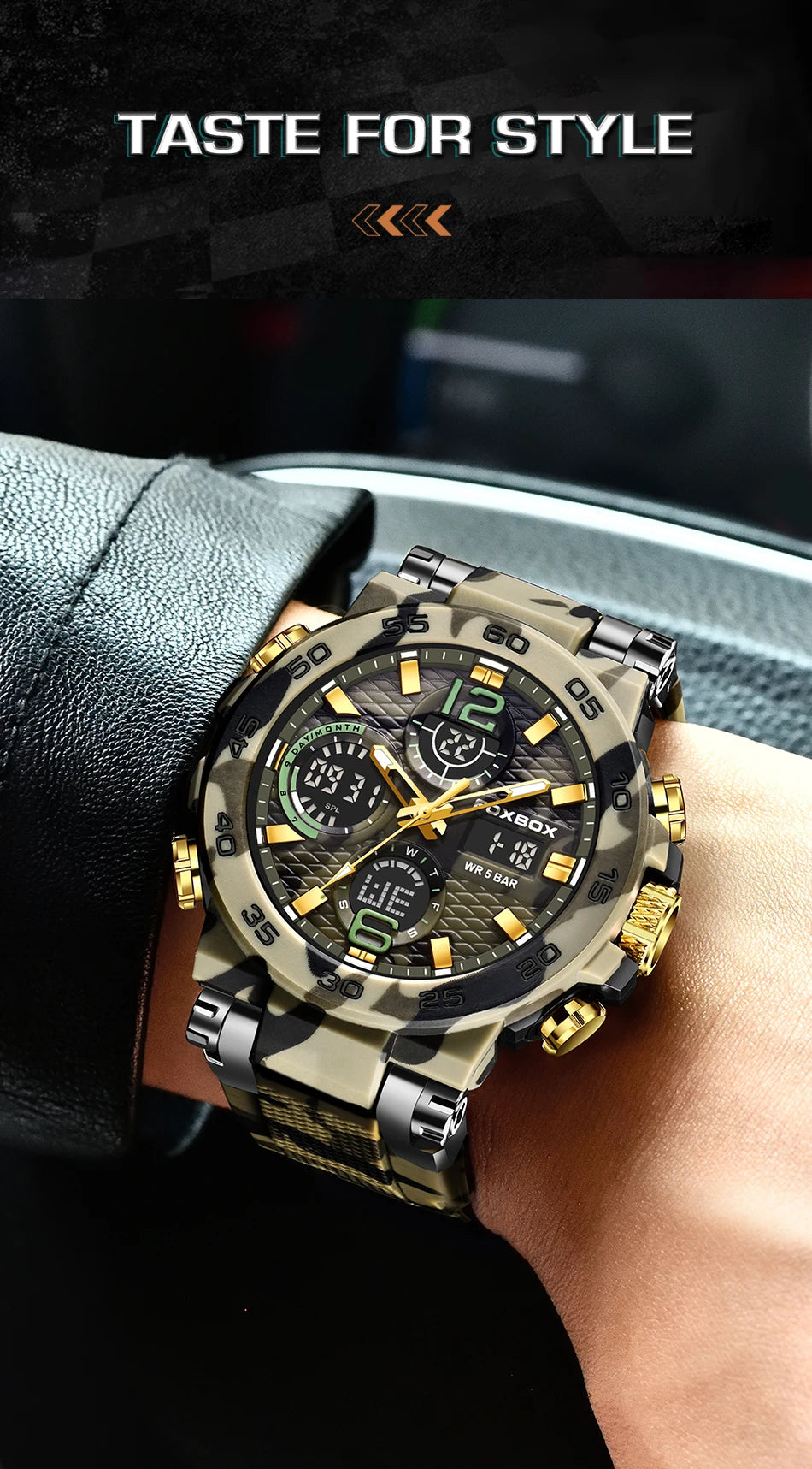 FOXBOX Reloj digital a prueba de golpes para hombre, estilo militar, camuflaje, resistente al agua hasta 5 ATM, relojes electrónicos a prueba de golpes, estilo táctico.