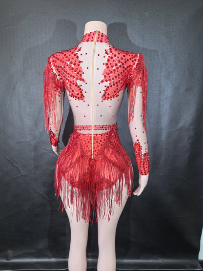 Sexy Skinny Leotard Singer Dancer Show StageWear Sparkly Blue Rhinestones Women DanceCostume Fringes One Shoulder Bodysuit  7G