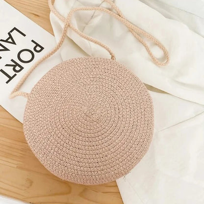 Bolso redondo de paja para mujer, tejido a mano, tipo bandolera, para playa, bonito bolso de mano pequeño de ratán tejido a mano, de color caramelo