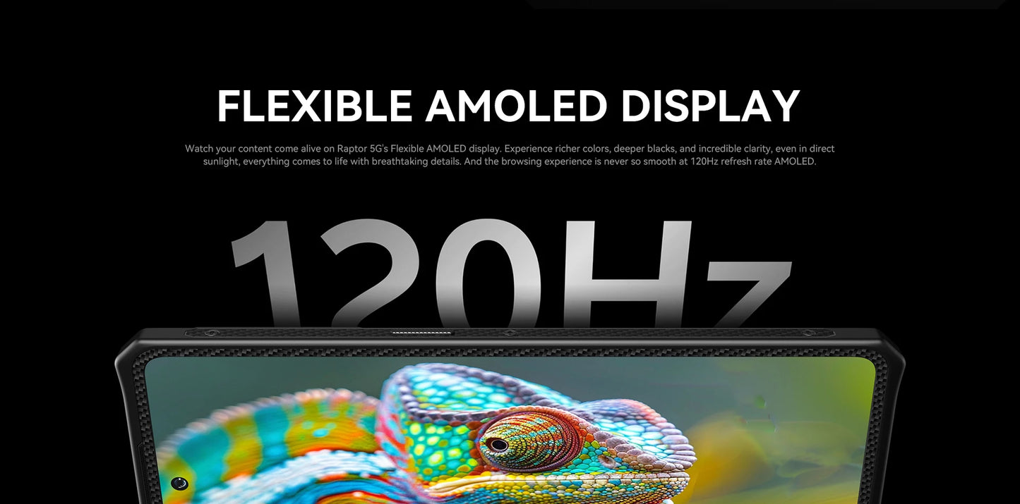 Smartphone resistente IIIF150 Raptor 5G con Android 14, pantalla AMOLED de 6,78" y 120 Hz, 16 GB de RAM + 512 GB de almacenamiento, cámara de 50 MP, batería de 10000 mAh y 65 W.