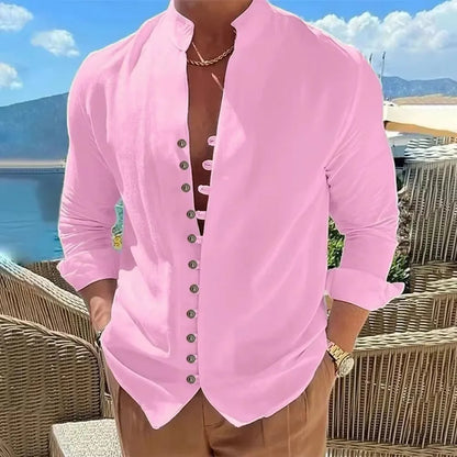 Camisa de lino y algodón para hombre, de primavera y otoño, gran oferta, camisas de manga larga para hombre, color liso, con botones, estilo informal, talla grande