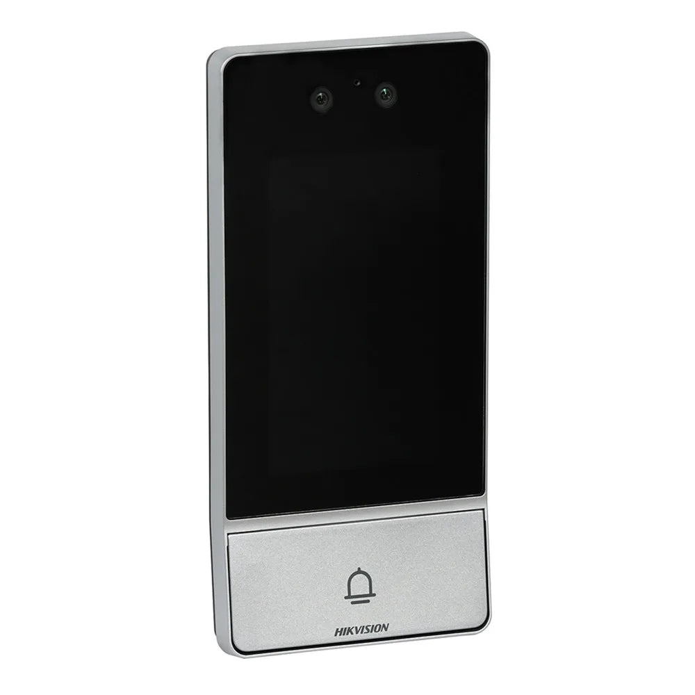 Estación de puerta IP Hikvision DS-KV9503-WBE1 con reconocimiento facial, Wi-Fi y alimentación PoE; Monitor inalámbrico para interiores DS-KH6350-WTE1.