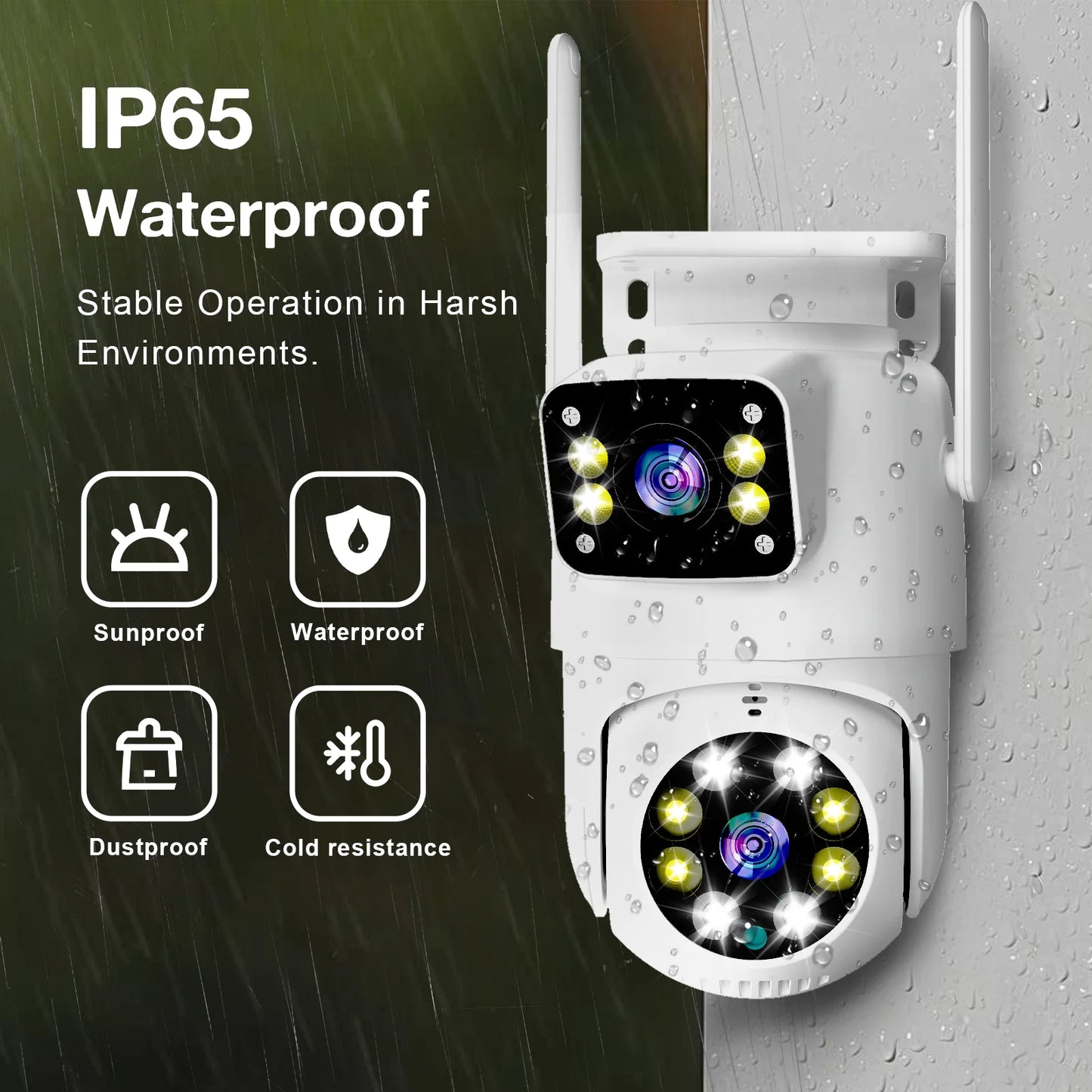 Cámara de seguridad exterior Tuya WiFi PTZ de 10 MP con doble lente, pantalla dual 4K, seguimiento automático y monitoreo de videovigilancia.