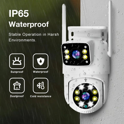 Cámara de seguridad exterior Tuya WiFi PTZ de 10 MP con doble lente, pantalla dual 4K, seguimiento automático y monitoreo de videovigilancia.