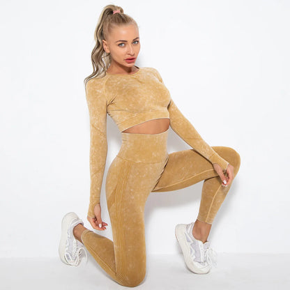 Conjunto de gimnasio con top corto sin costuras para mujer, conjunto de entrenamiento de yoga, ropa deportiva, leggings push up, chándal