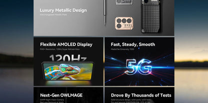 Smartphone resistente IIIF150 Raptor 5G con Android 14, pantalla AMOLED de 6,78" y 120 Hz, 16 GB de RAM + 512 GB de almacenamiento, cámara de 50 MP, batería de 10000 mAh y 65 W.