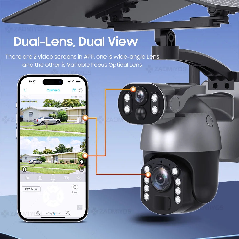 Cámara de seguridad exterior con zoom óptico de 10 MP y 50x, doble lente, SIM 4G, energía solar, Wi-Fi, PTZ, detección humana, grabación y visión nocturna. 10 MP, zoom óptico de 50x, doble lente, 4G, SIM, solar.