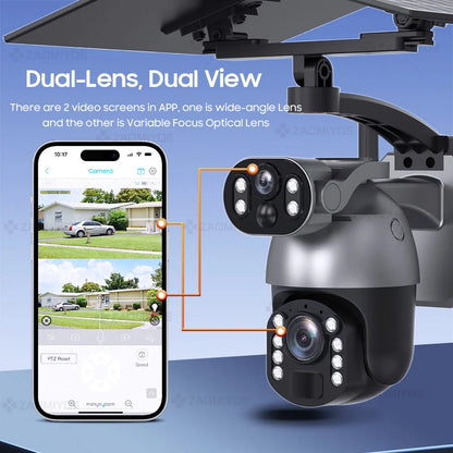 Cámara de seguridad exterior con zoom óptico de 10 MP y 50x, doble lente, SIM 4G, energía solar, Wi-Fi, PTZ, detección humana, grabación y visión nocturna. 10 MP, zoom óptico de 50x, doble lente, 4G, SIM, solar.