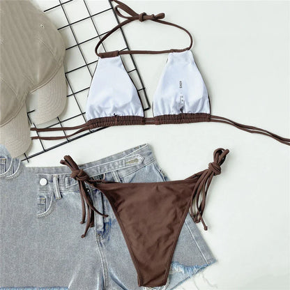 Conjunto de bikini micro con tanga y cuello halter para mujer, traje de baño sexy con cordones y aberturas, bikinis 2025