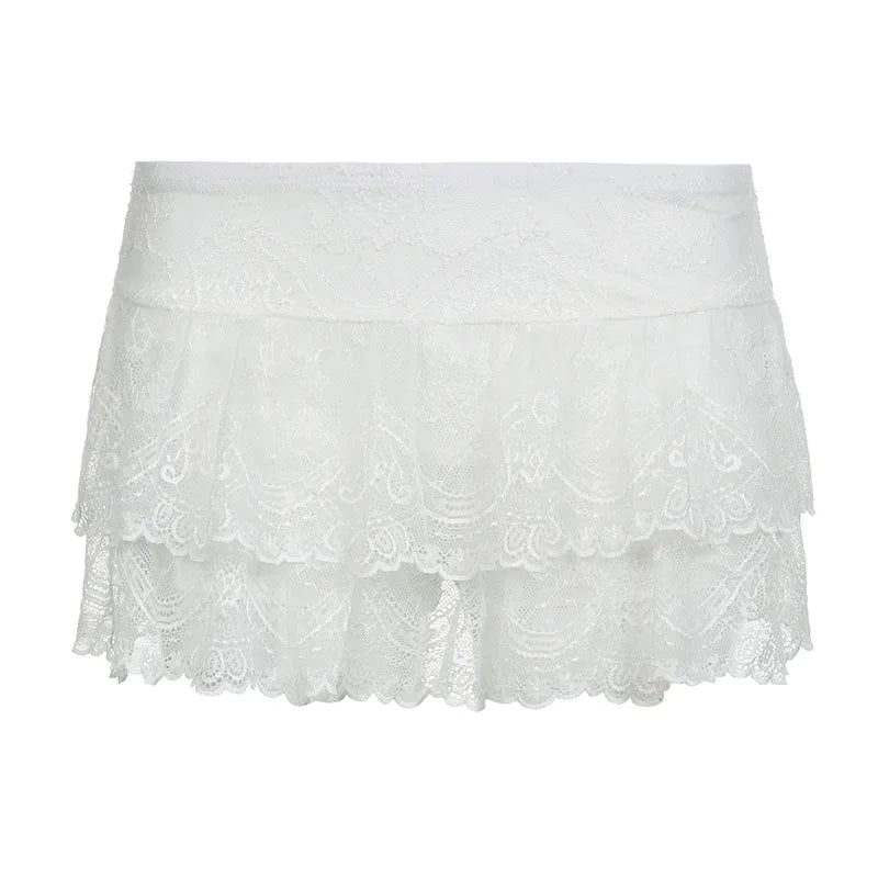 Falda de tul con encaje, minifalda de corte A, negra, lisa, de cintura baja, con capas, de encaje, corta, estilo bohemio, estilo Fairycore, para mujer.