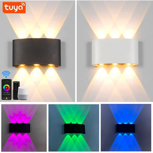 Aplique de pared inteligente RGB para exteriores, temperatura de color de 2700K a 6500K, control por aplicación WiFi, compatible con Alexa y Google Play.