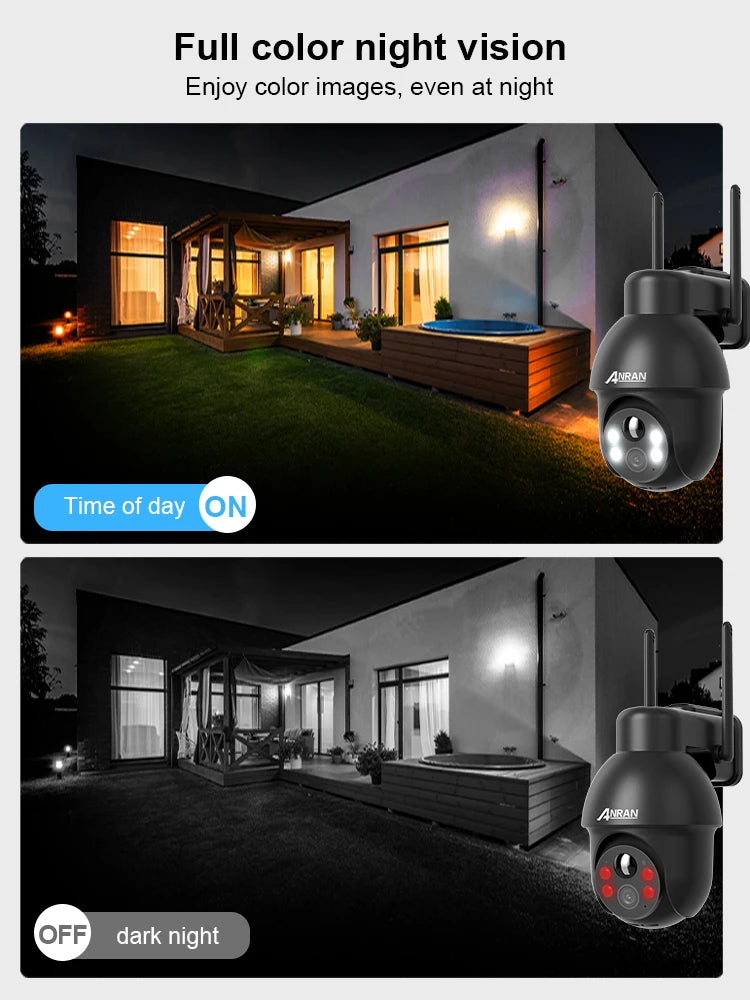 Cámara de seguridad inalámbrica solar ANRAN de 3 MP para exteriores con WiFi, audio bidireccional, resistente al agua IP66, visualización remota, flash y foco.