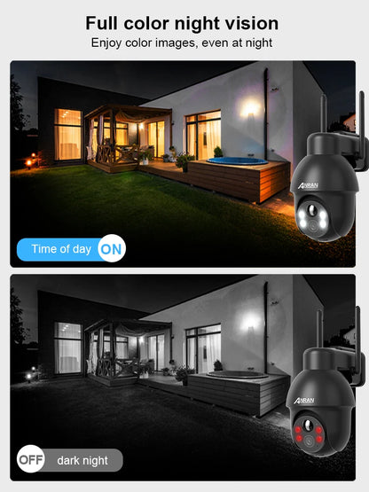 Cámara de seguridad inalámbrica solar ANRAN de 3 MP para exteriores con WiFi, audio bidireccional, resistente al agua IP66, visualización remota, flash y foco.