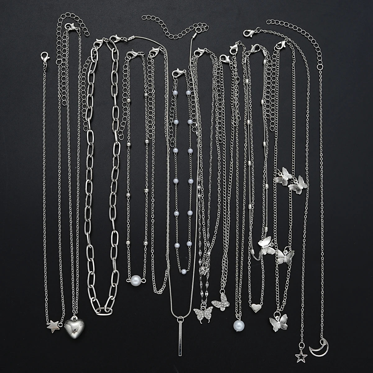 Juego de 13 collares sencillos con temperamento, mariposa, perla, corazón, estrella, circonita, color plateado, para mujer, joyería de moda, regalo