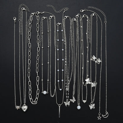 Juego de 13 collares sencillos con temperamento, mariposa, perla, corazón, estrella, circonita, color plateado, para mujer, joyería de moda, regalo