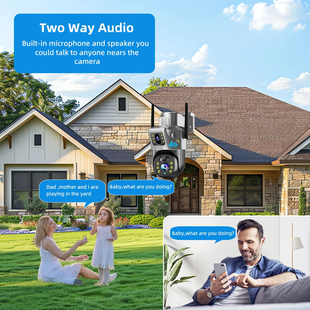 Cámara de seguridad CCTV V380 Pro 4K 8MP con 2 lentes, WiFi 4G, energía solar, visión nocturna PIR para exteriores, IP66, batería de bajo consumo.