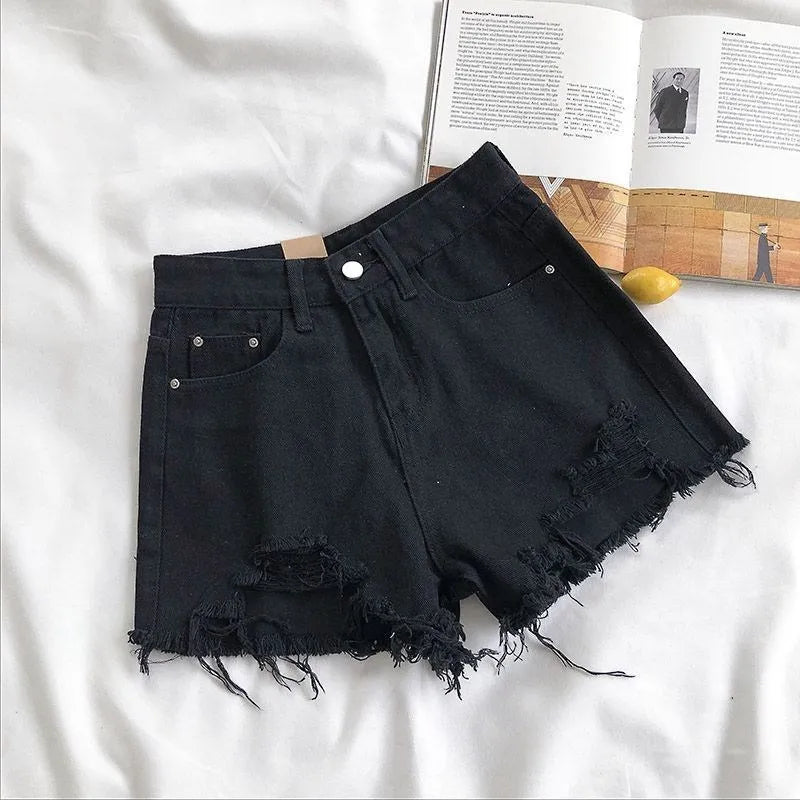 Pantalones cortos vaqueros coreanos de verano para mujer, moda informal, cintura alta, rotos, con bolsillos y borlas, estilo Y2K, ropa de calle, pantalones azules