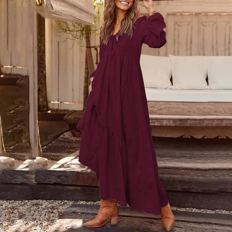 Women's Dress 2025 Spring and Summer Women's Button Cotton and Linen Retro Casual Long Sleeve Dress Large Hem Long Skirt