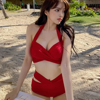 Bikinis sexys 2024, trajes de baño para mujer, traje de baño femenino de cintura alta, trajes de baño rojos push up, conjunto de bikini coreano para niñas, ropa de playa, bañista