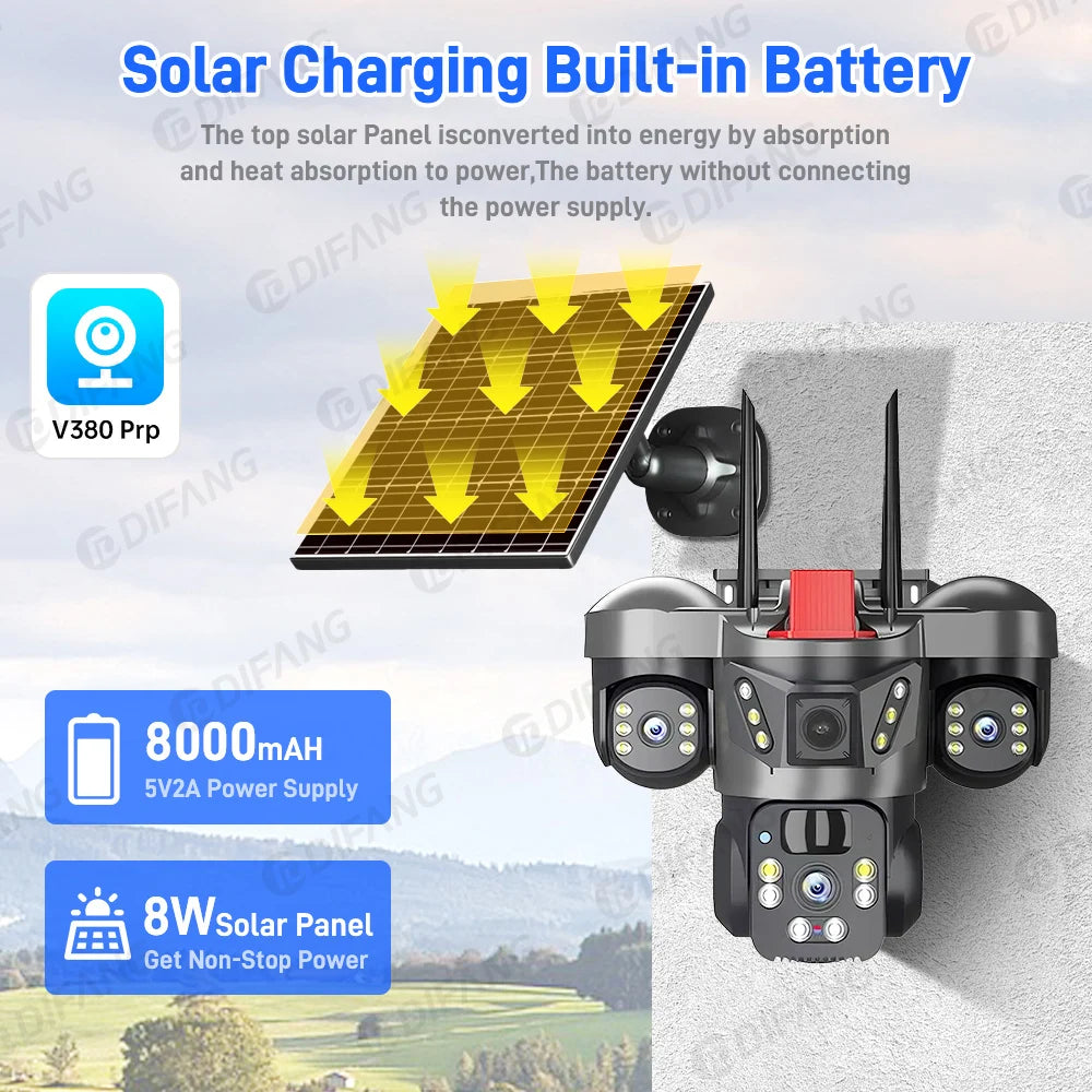 Cámara de vigilancia solar 8K 15MP con tres pantallas, WiFi, seguimiento automático, PTZ, tarjeta SIM 4G, cámara IP solar inalámbrica V380 Pro